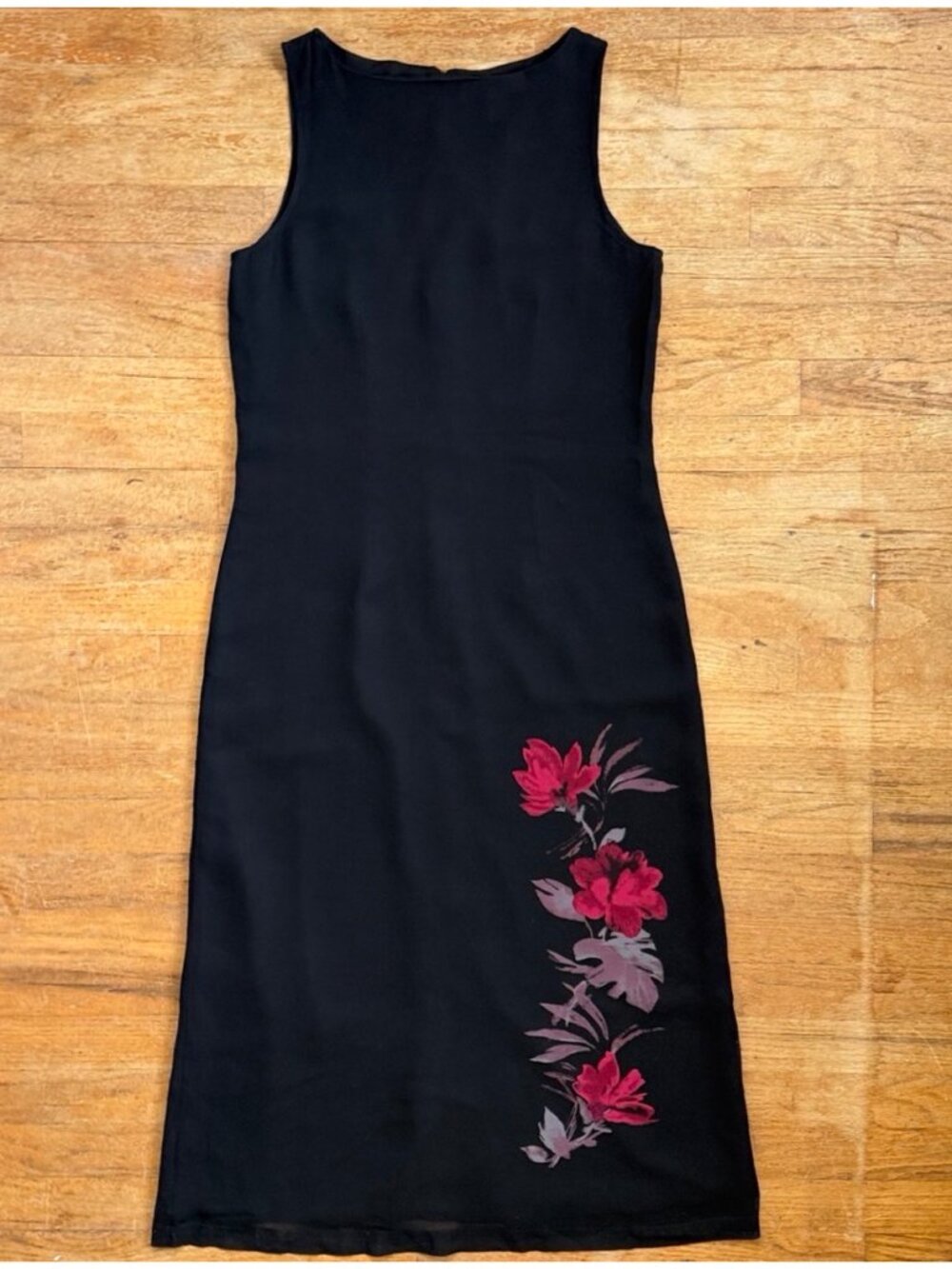 Vintage Black Floral Crepe Silk Dress Size Medium 90s Sleeveless A-Line Preppy